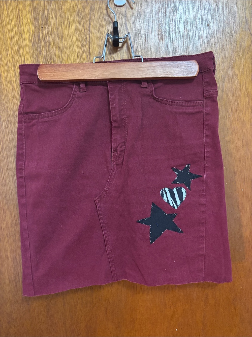 Divided Burgundy Mini Skirt with Star & Striped Heart Appliqués